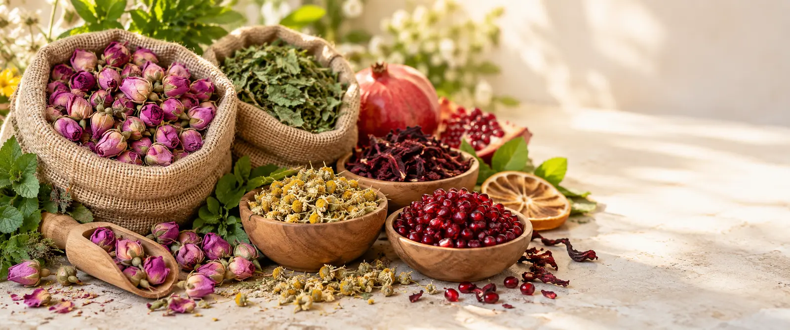 چیدمان طبیعی گل محمدی، گیاهان دارویی و فرآورده‌های انار