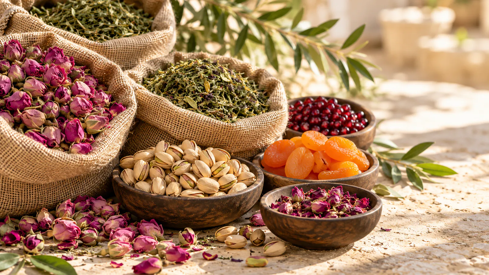 تصویر ترکیبی از غنچه گل محمدی، گیاهان خشک، پسته و میوه خشک برای معرفی محصولات ره‌آوران فارس
